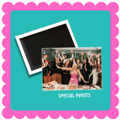 Personalized rectangle custom business or event magnets for branding, promotional giveaways, and corporate events, bulk orders available for parties and special events. Fridge magnet design on a pink background. Logo Magnet, Event Magnet, Custom Magnet Design