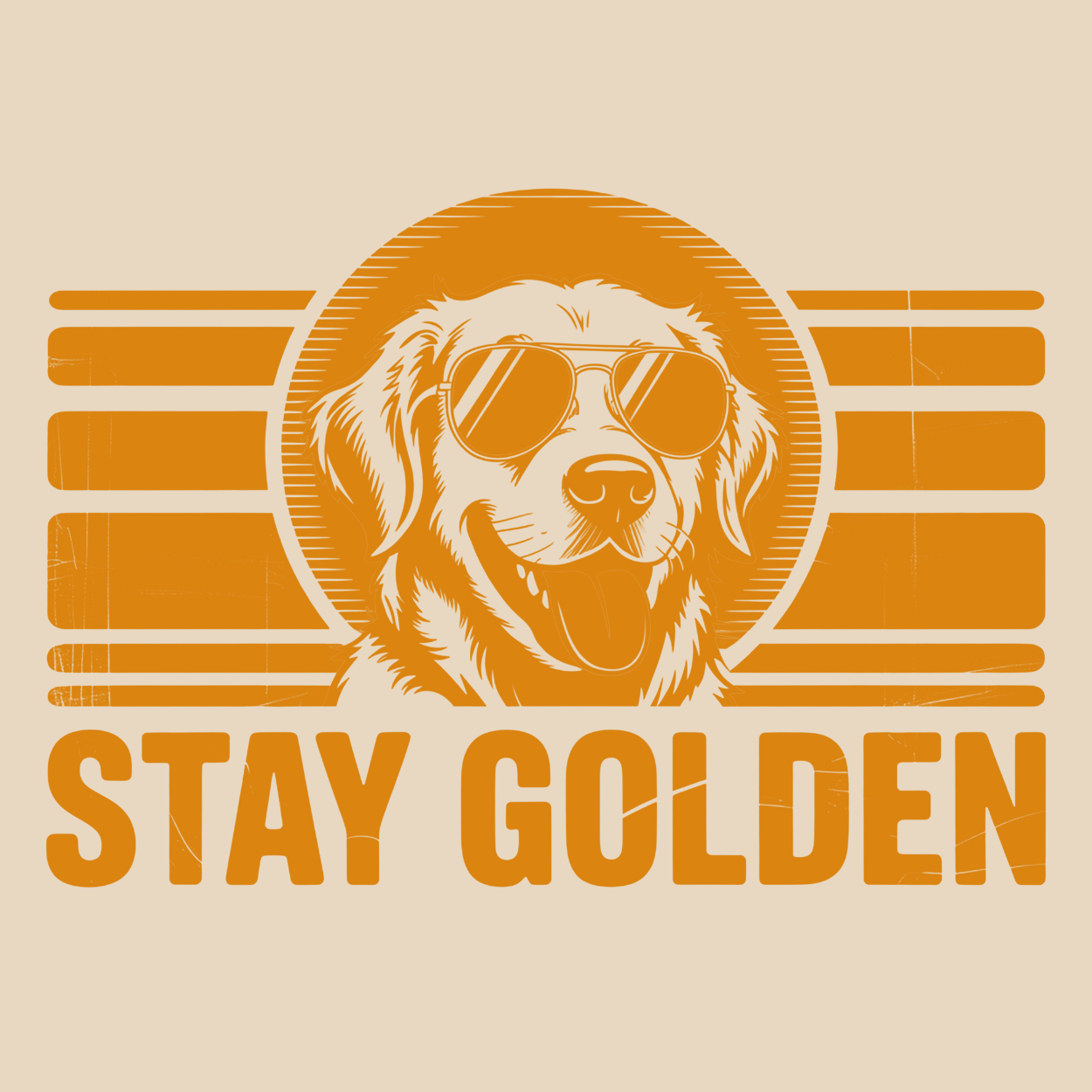 Dog or cat themed humorous novelty, funny fridge magnet. Dog wearing sunglasses with 'Stay Golden' text on a beige background. Dog Magnet, Golden Retriever