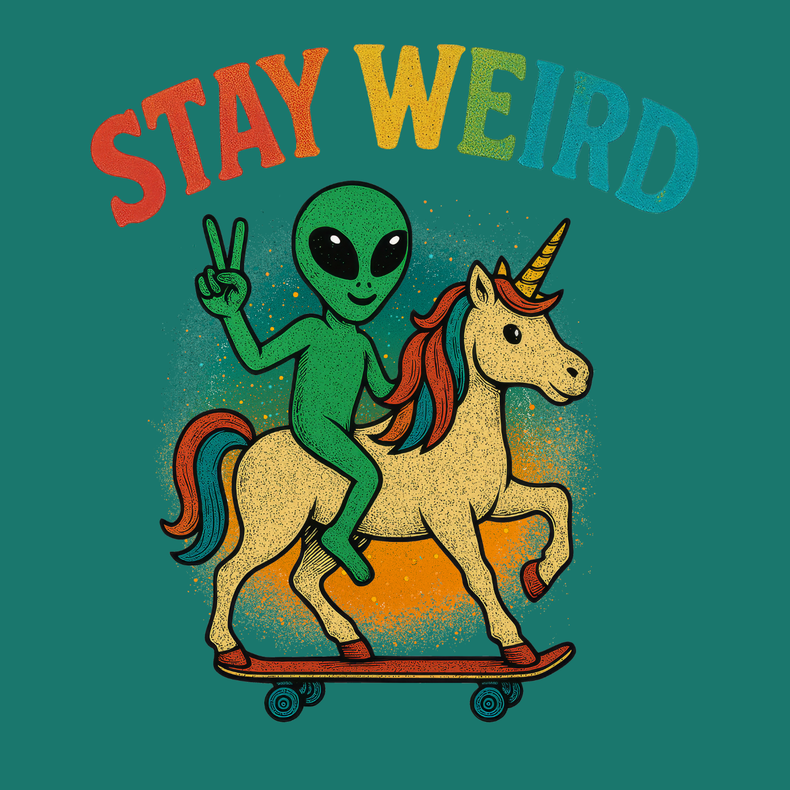 Cryptid fridge magnet with Bigfoot, alien, or Nessie design from the MYTHICAL MISFITS ReadyWhims Collection. Alien riding a unicorn on a skateboard with 'Stay Weird' text above on a green background. Alien Magnet, Unicorn Magnet