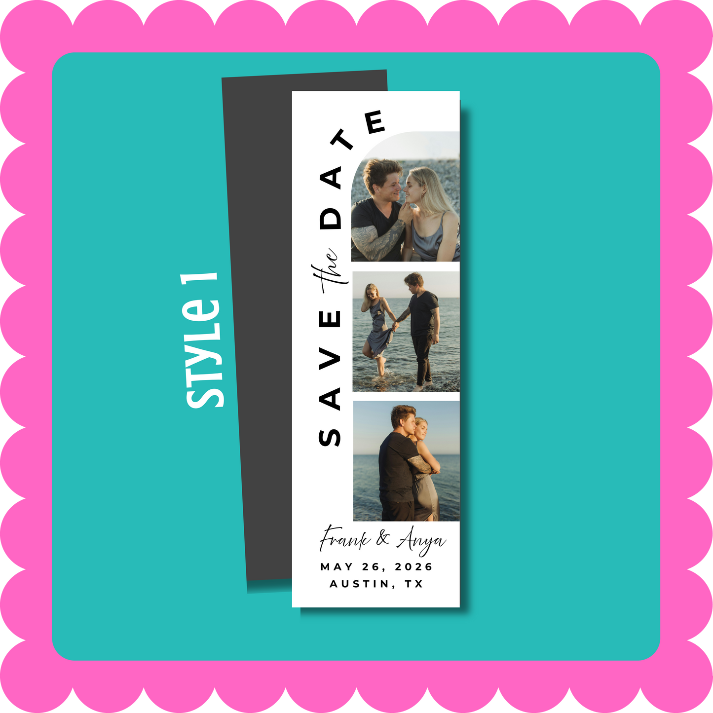 Thin Save the Date photo strip custom magnet with personalized wedding photos, lightweight and mail-friendly, displayed on a fridge