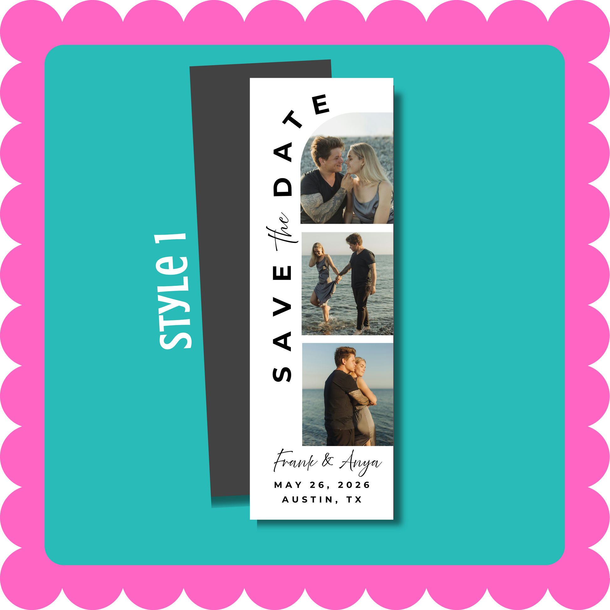 Thin Save the Date photo strip custom magnet with personalized wedding photos, lightweight and mail-friendly, displayed on a fridge