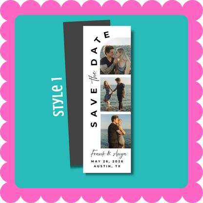 Thin Save the Date photo strip custom magnet with personalized wedding photos, lightweight and mail-friendly, displayed on a fridge