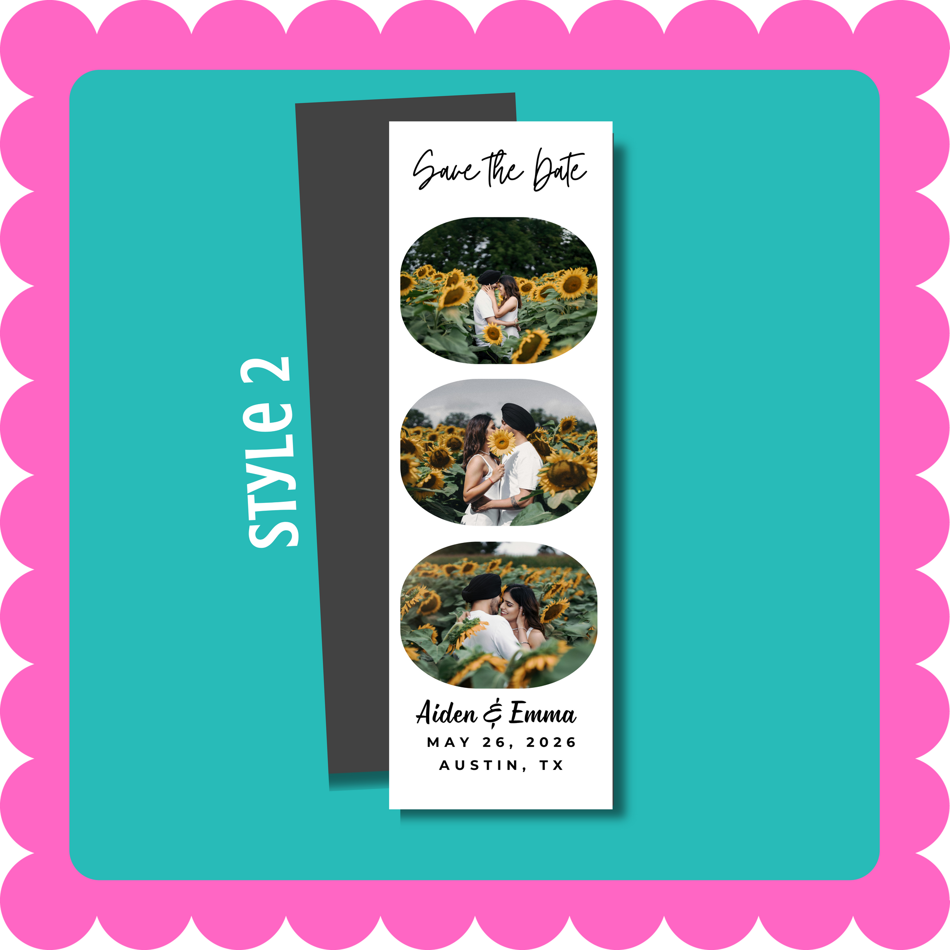 Thin Save the Date photo strip custom magnet with personalized wedding photos, lightweight and mail-friendly, displayed on a fridge