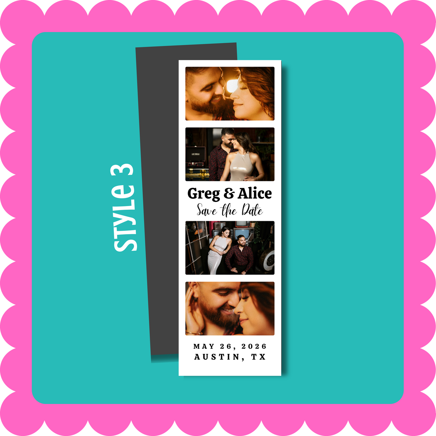 Thin Save the Date photo strip custom magnet with personalized wedding photos, lightweight and mail-friendly, displayed on a fridge