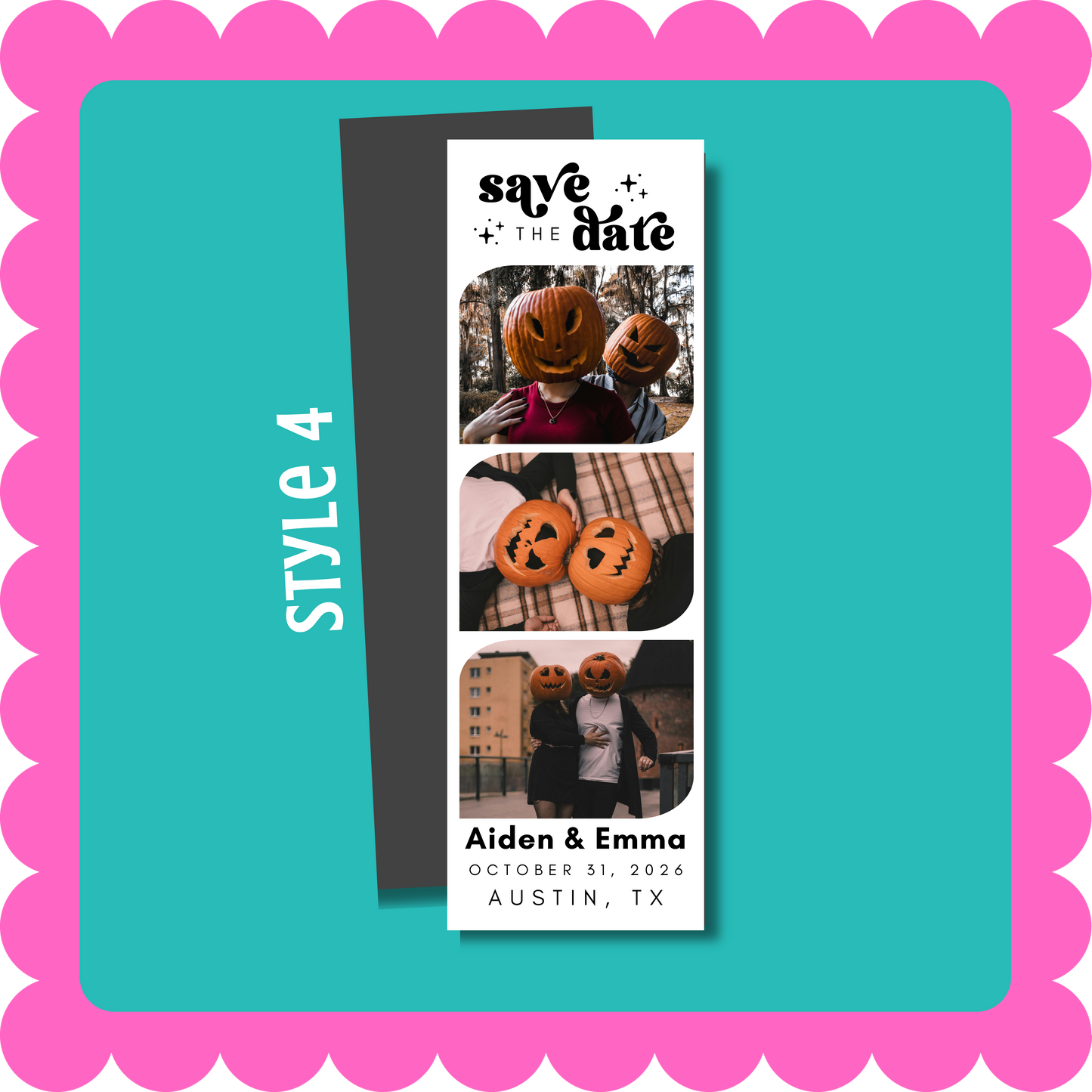 Thin Save the Date photo strip custom magnet with personalized wedding photos, lightweight and mail-friendly, displayed on a fridge