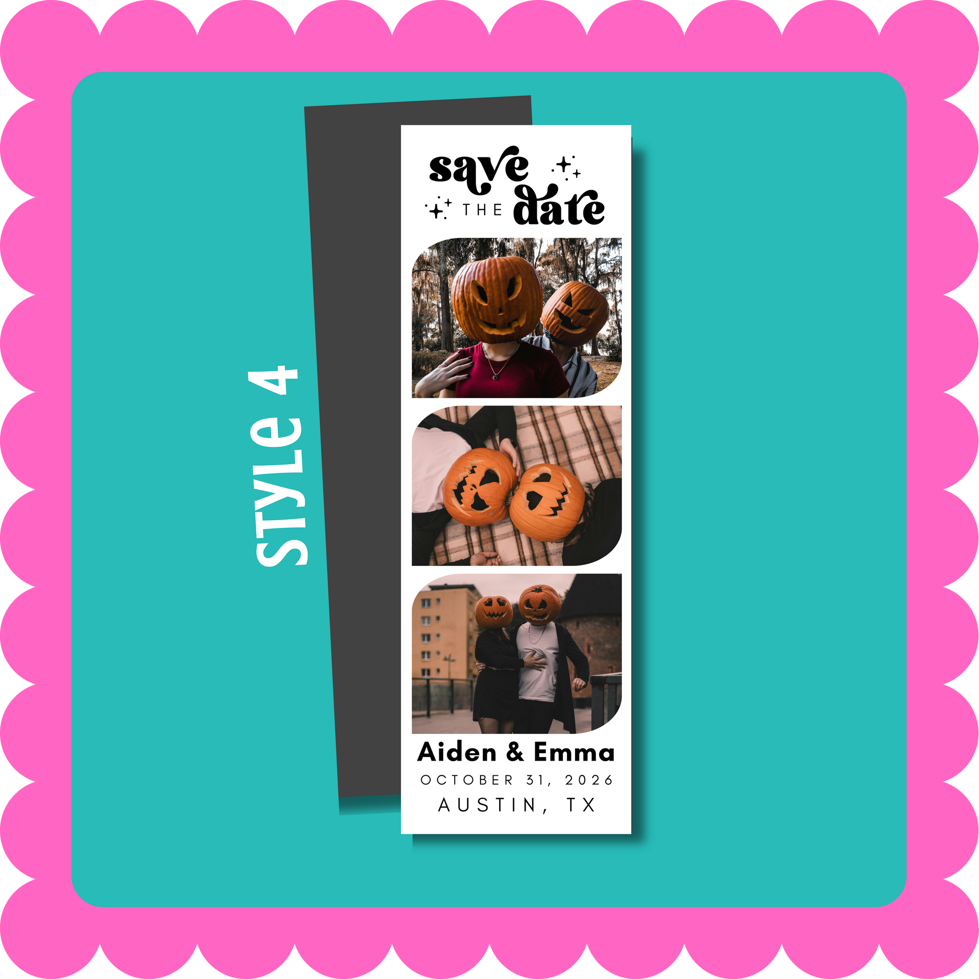 Thin Save the Date photo strip custom magnet with personalized wedding photos, lightweight and mail-friendly, displayed on a fridge