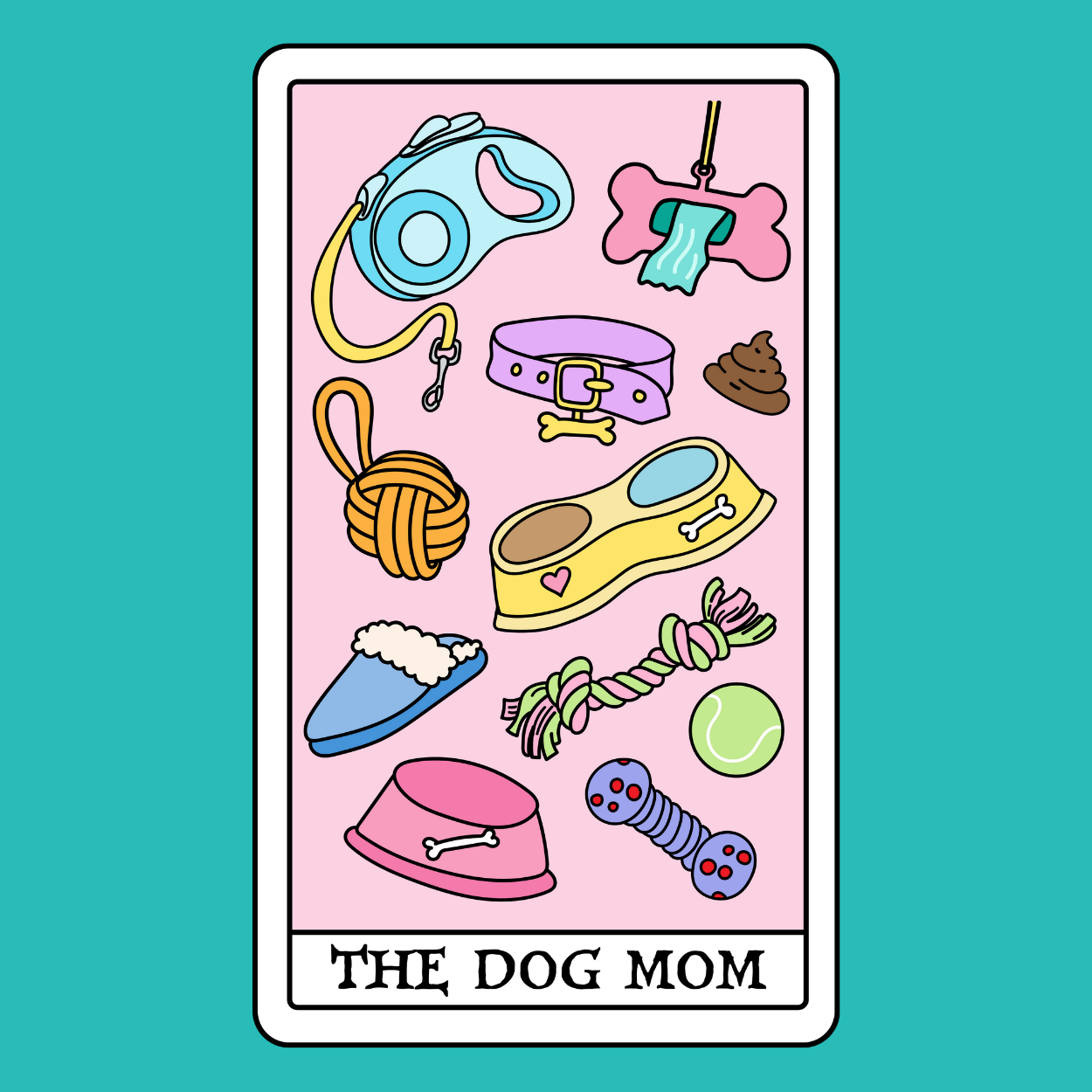 Dog and cat themed humorous custom fridge magnet. Illustrated card titled 'The Dog Mom' with various dog toys on a pink background.