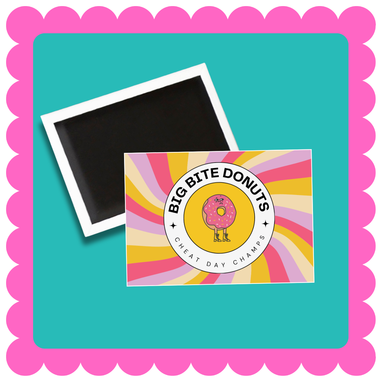 Personalized rectangle custom business magnets for branding, promotional giveaways, and corporate events, bulk orders available. Fridge magnet design on a pink background. Logo Magnet, Event Magnet, Custom Magnet Design