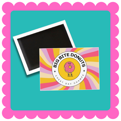 Personalized rectangle custom business magnets for branding, promotional giveaways, and corporate events, bulk orders available. Fridge magnet design on a pink background. Logo Magnet, Event Magnet, Custom Magnet Design