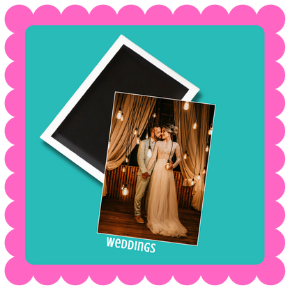 Personalized rectangle custom photo magnets bulk orders available for weddings--premade designs or on site images. Fridge magnet, Memory Magnet, Event Magnet, Custom Magnet Design, Wedding Magnets Made On-Site.