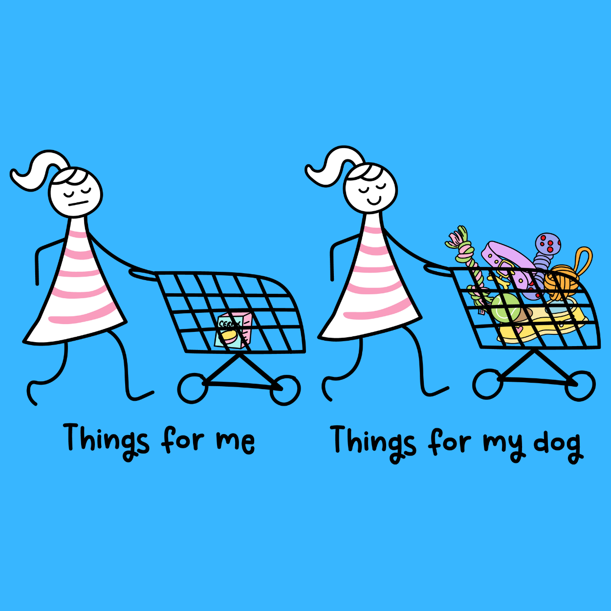 Dog or cat themed humorous novelty, funny fridge magnet. Cartoon illustration of two people with shopping carts labeled 'Things for me' and 'Things for my dog' on a blue background.
