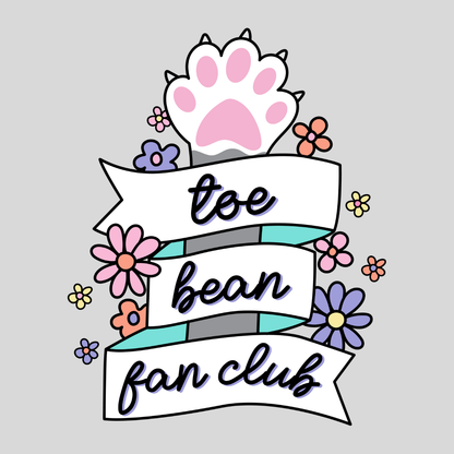 Dog or cat themed humorous novelty, funny fridge magnet. Cartoon illustration with paw print, flowers, and 'toe bean fan club' text on a gray background