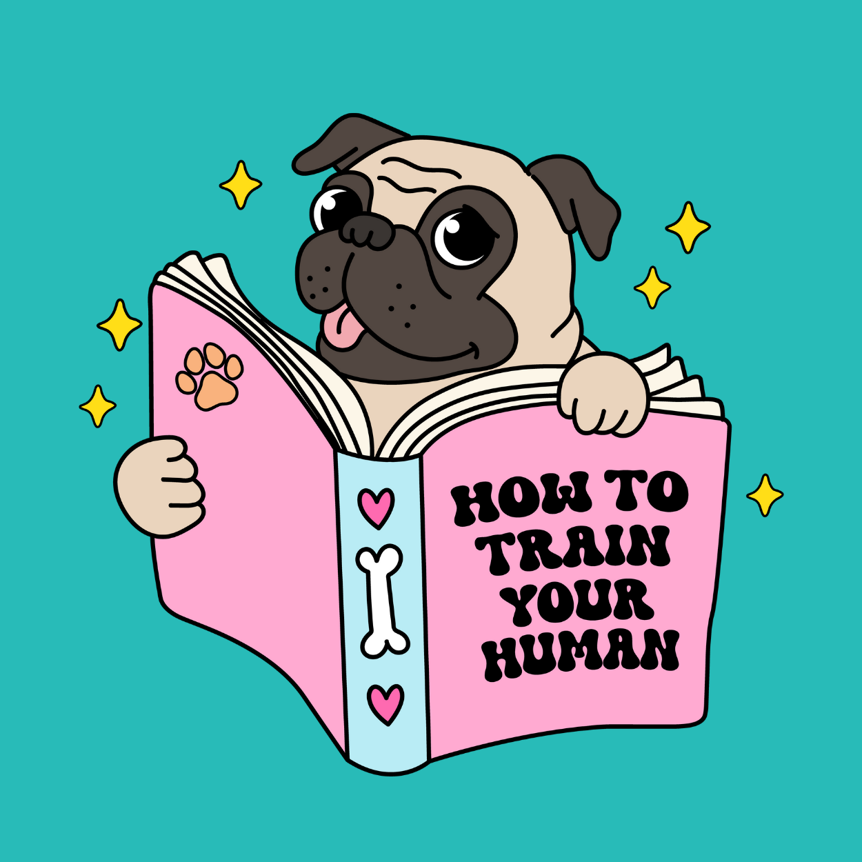 Dog or cat themed humorous novelty, funny fridge magnet. Cartoon pug holding a book titled 'How to Train Your Human' on a teal background. Dog Magnet