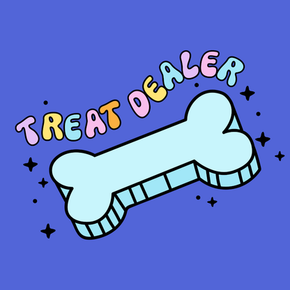 Dog or cat themed humorous novelty, funny fridge magnet. Colorful 'Treat Dealer' text with a bone graphic on a blue background. Dog Magnet