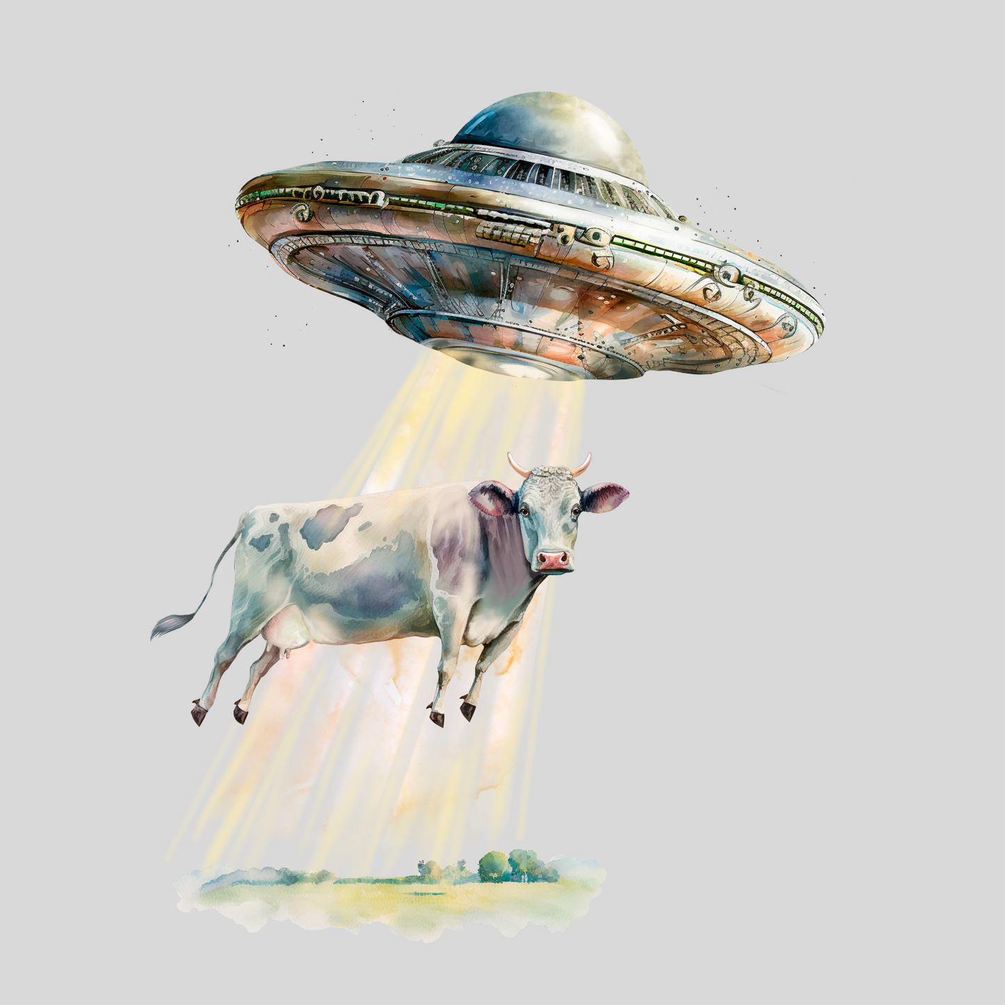 Cryptid fridge magnet with Bigfoot, alien, or Nessie design from the MYTHICAL MISFITS ReadyWhims Collection. UFO lifting a cow with a gray background. UFO Magnet