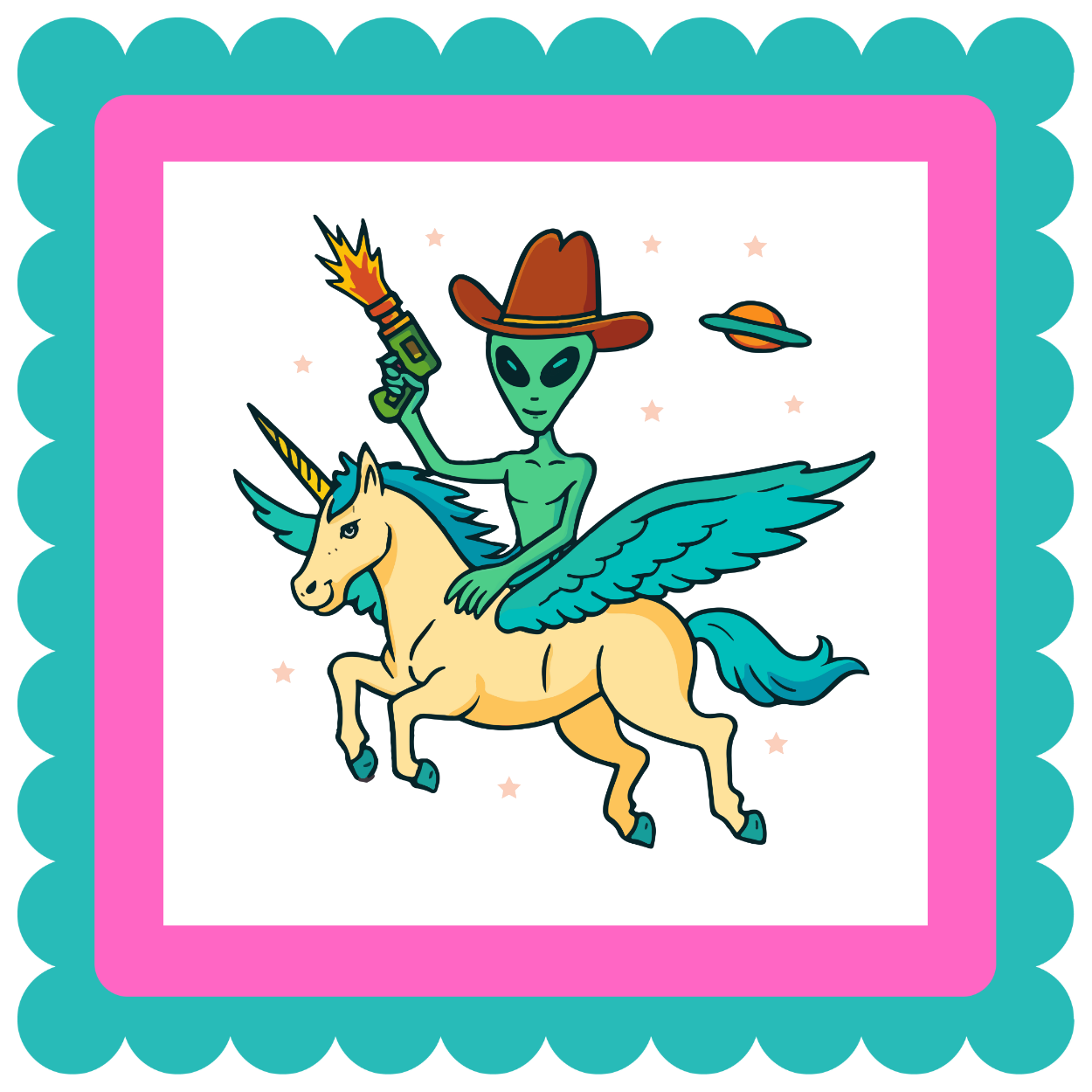 Cryptid fridge magnet with Bigfoot, alien, or Nessie design from the MYTHICAL MISFITS ReadyWhims Collection. Alien riding a unicorn with a cowboy hat in a colorful frame.