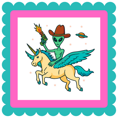 Cryptid fridge magnet with Bigfoot, alien, or Nessie design from the MYTHICAL MISFITS ReadyWhims Collection. Alien riding a unicorn with a cowboy hat in a colorful frame.