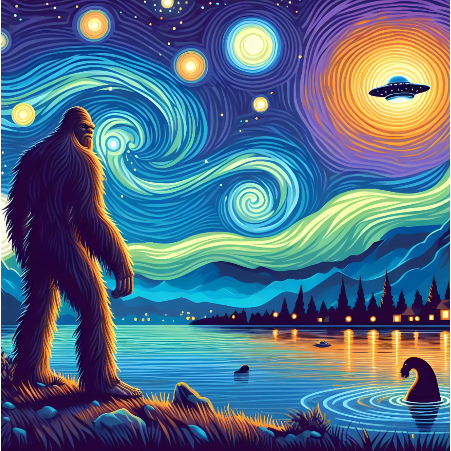 Cryptid fridge magnet with Bigfoot, alien, or Nessie design from the MYTHICAL MISFITS ReadyWhims Collection. Sasquatch standing by a lake under a starry night sky with a UFO and swirling lights. Cryptid Magnet, Bigfoot Magnet, Nessie Magnet, UFO Magnet