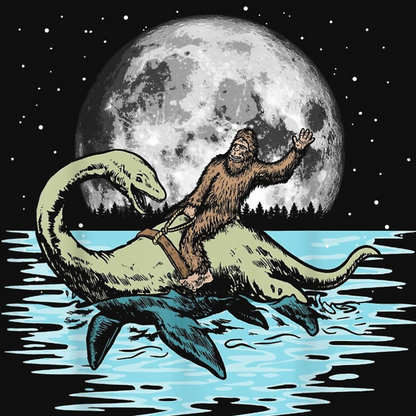 Cryptid fridge magnet with Bigfoot, alien, or Nessie design from the MYTHICAL MISFITS ReadyWhims Collection. Illustration of a Sasquatch riding a dinosaur with a full moon in the background. Bigfoot Magnet, Nessie Magnet, Loch Ness Magnet