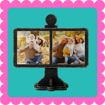 Custom magnetic display frame and stand with included personalized magnets, tabletop and desk photo magnet display. 