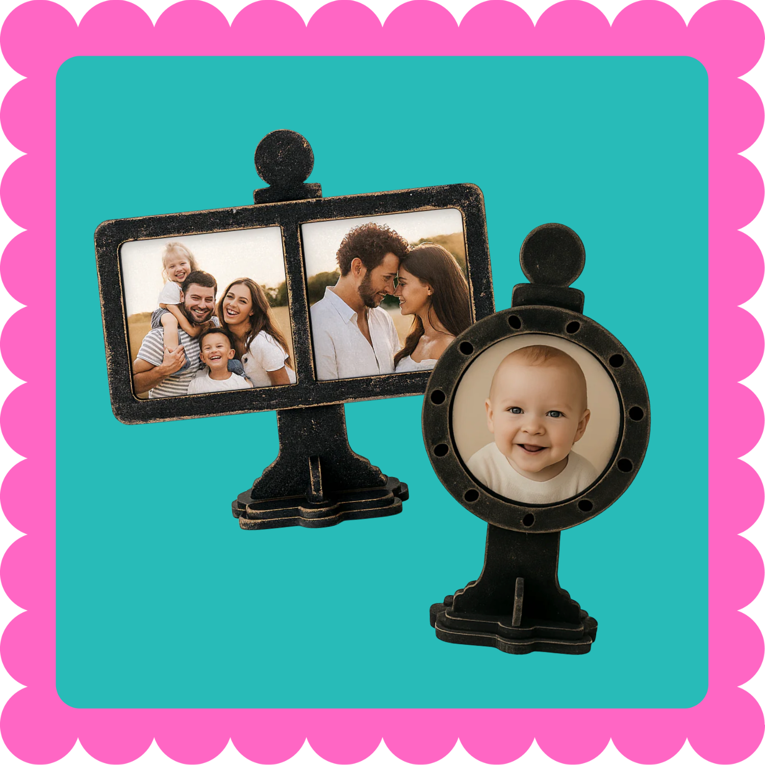 Custom magnetic display frame and stand with included personalized magnets, tabletop and desk photo magnet display. Black photo frame with two picture slots on a teal background.